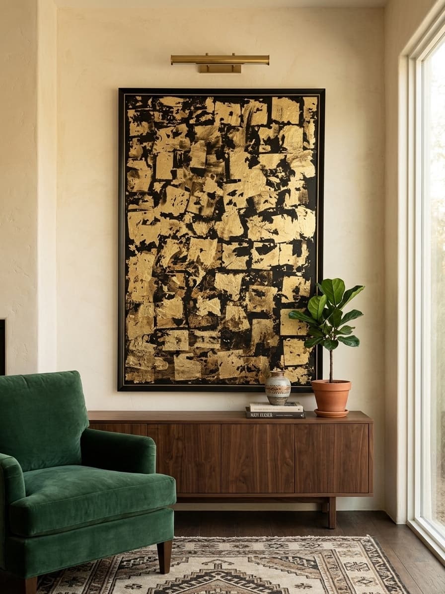 Abstract painting of hand-applied gold-leaf squares scattered across a deep black ground.