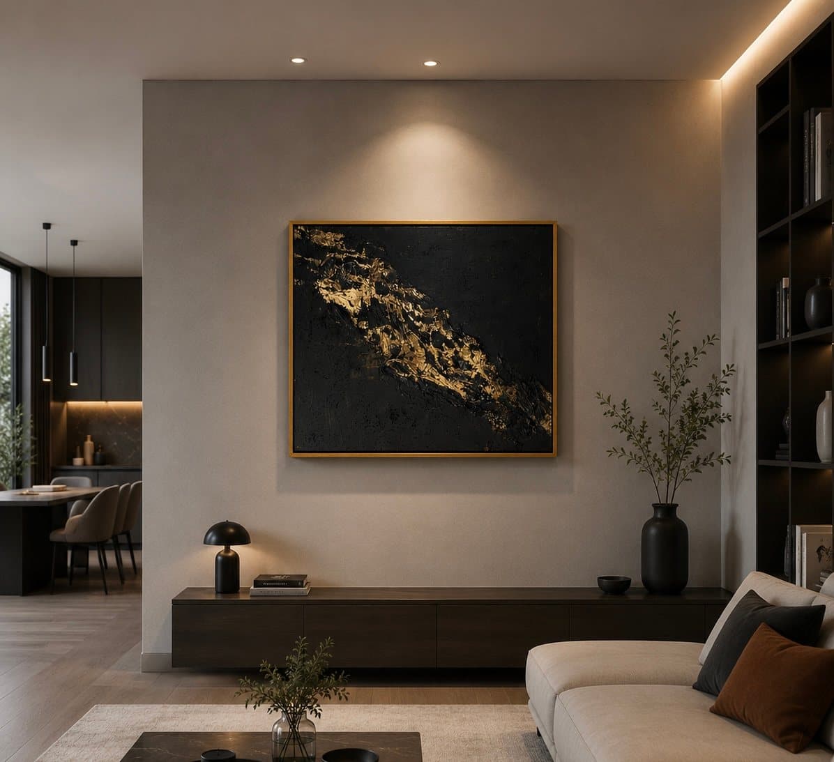 Black abstract painting with a diagonal gold vein.
