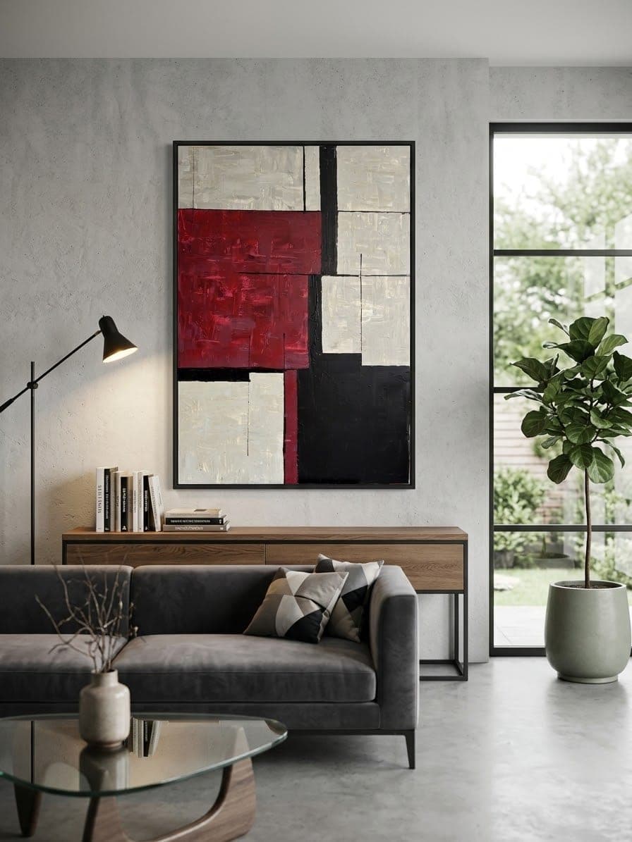 Tall abstract painting of cream, black and deep red rectangular blocks in thick impasto, in a black float frame.