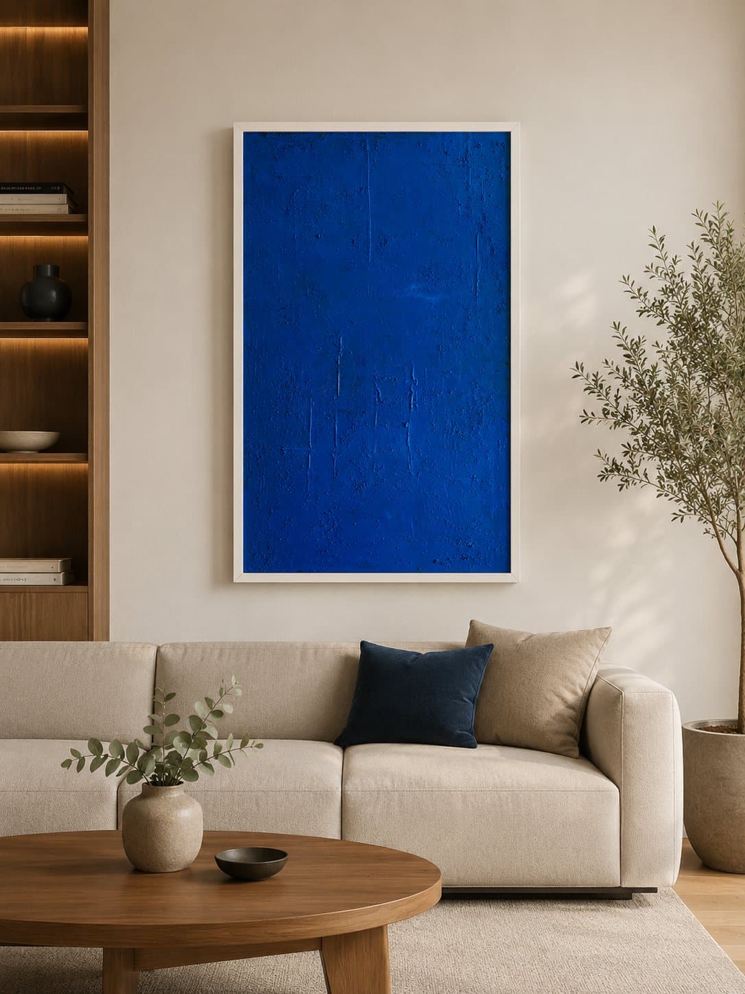 Deep ultramarine blue monochrome painting with dry, grainy impasto texture.