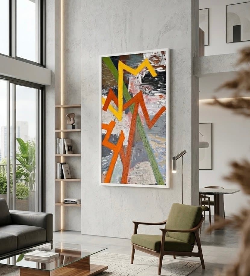 Expressive abstract painting, yellow and orange zig-zag bolts on a pale ground.