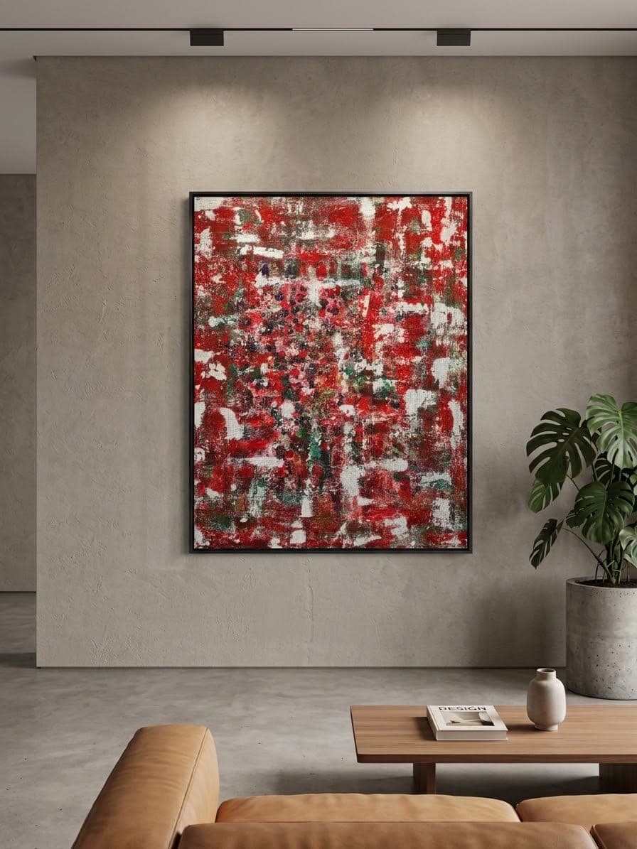 Abstract painting in dense red, white and green impasto with raised beads of paint across the surface, in a black float frame.